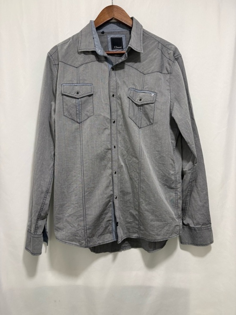 7‎ Diamonds Gray Western Snap Button Shirt Men’s Large 100% Cotton